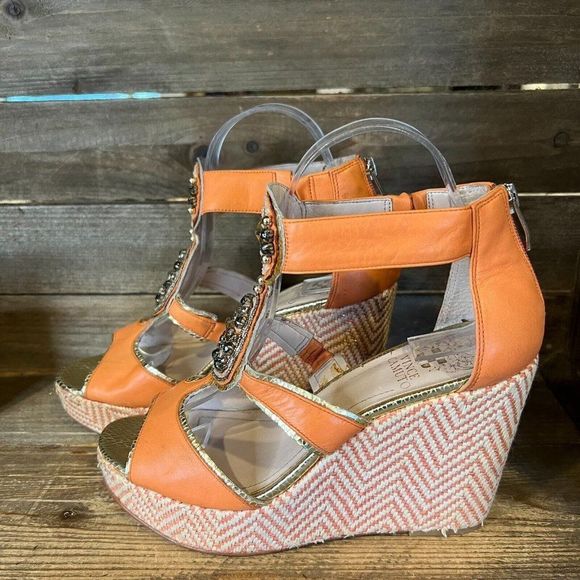 Womens Vince Camuto Torta Coral Leather Espadrille Wedge Heeled Sandals Size 7.5 - Picture 4 of 7